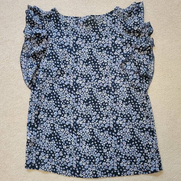 EUC H&M Size 6 Tiered Flutter Sleeve Pullover Chiffon Top Blouse Blue Floral - Picture 2 of 9